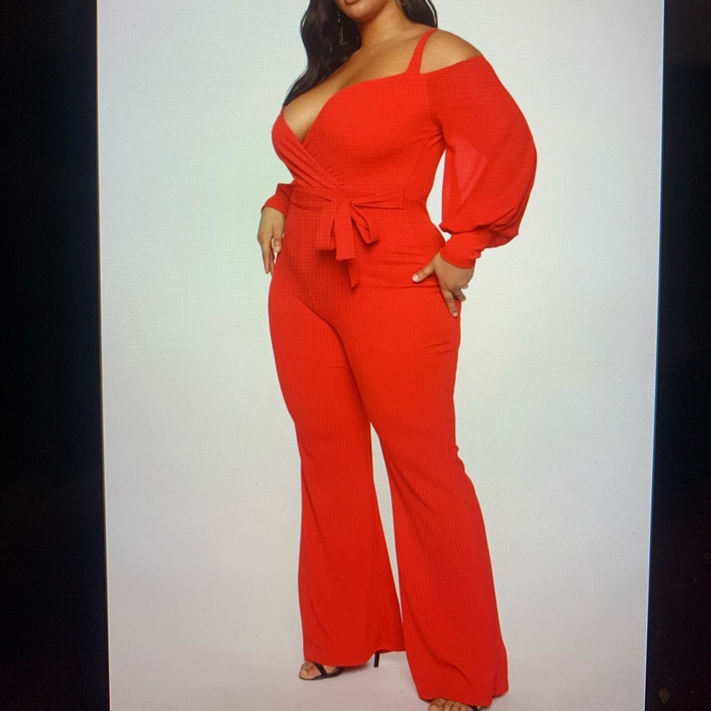 Red off the shoulder, long sleeve jumpsuit
